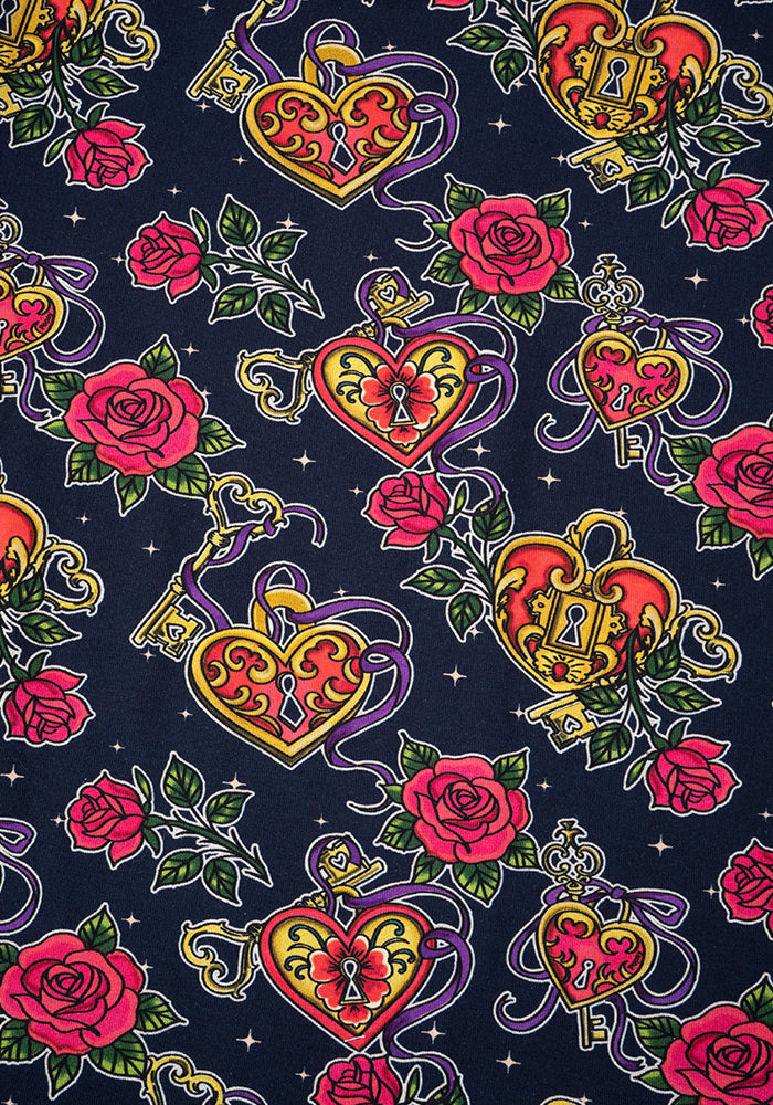 Second angle of Stephie Navy Lock and Key Tattoo Print Cotton Midi Dress