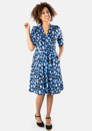 Stevie Lou Blue Animal Print Shawl Collar Wrap Dress