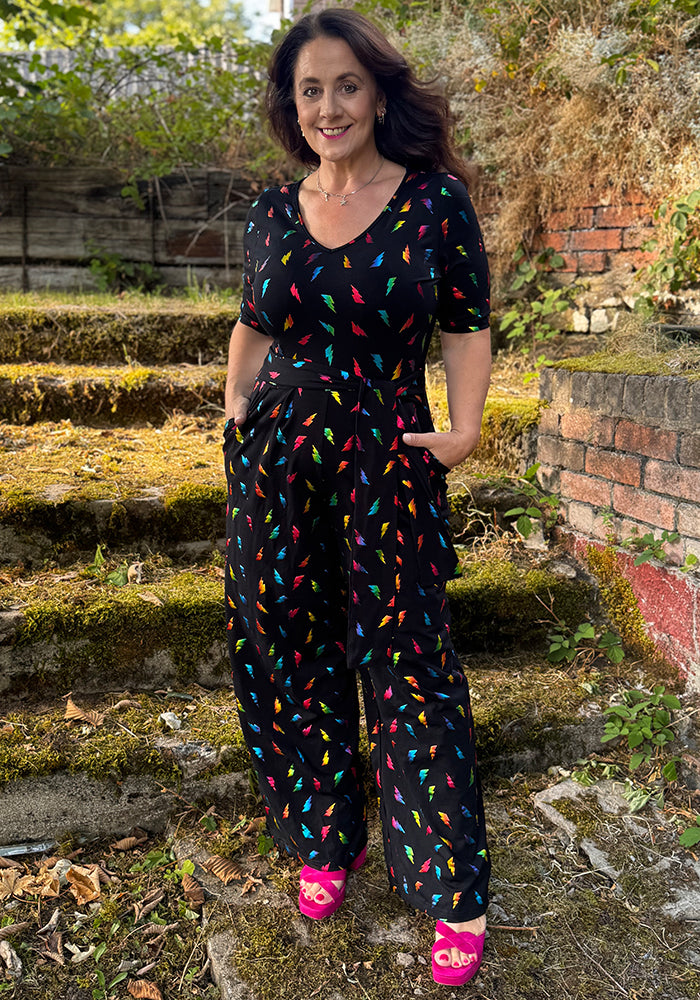 Storm Lightning Bolt Foil Print Full Leg Jumpsuit