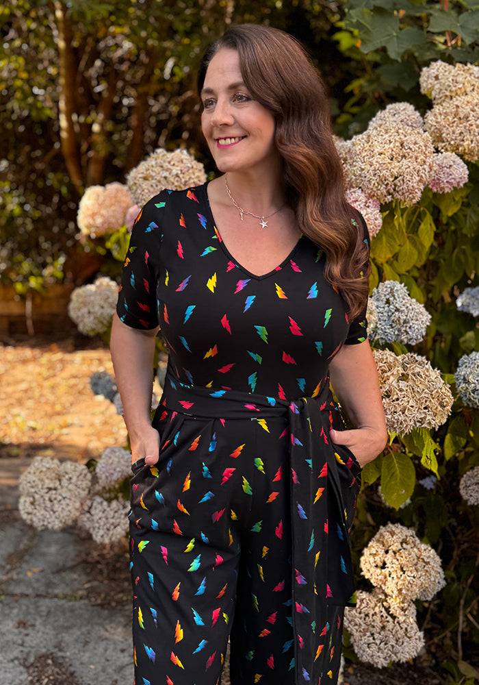 Storm Lightning Bolt Foil Print Full Leg Jumpsuit