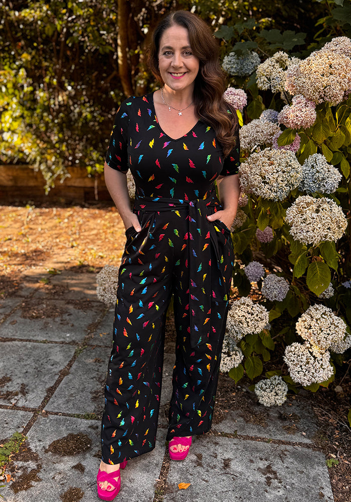 Storm Lightning Bolt Foil Print Full Leg Jumpsuit
