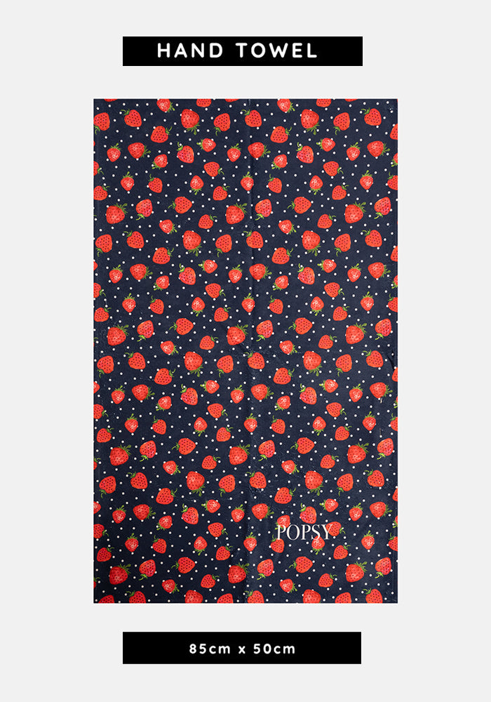 Front view of Strawberries Print Hand Towel