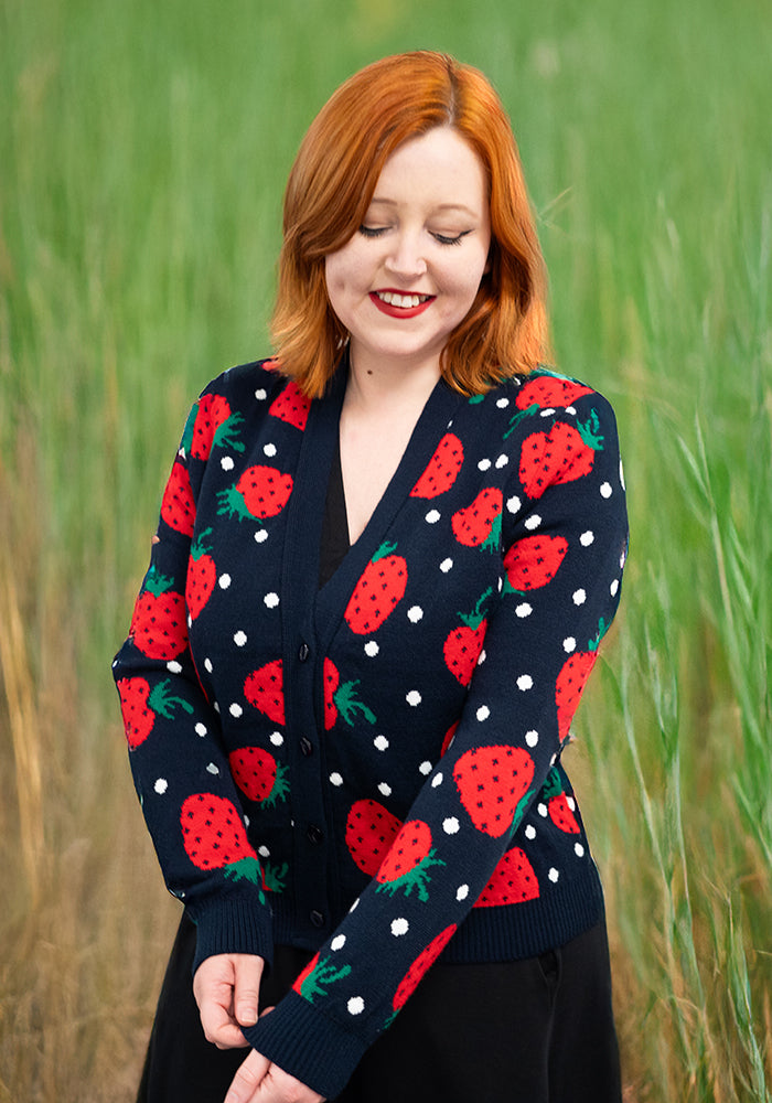 Front view of Strawberry Knit Cardigan