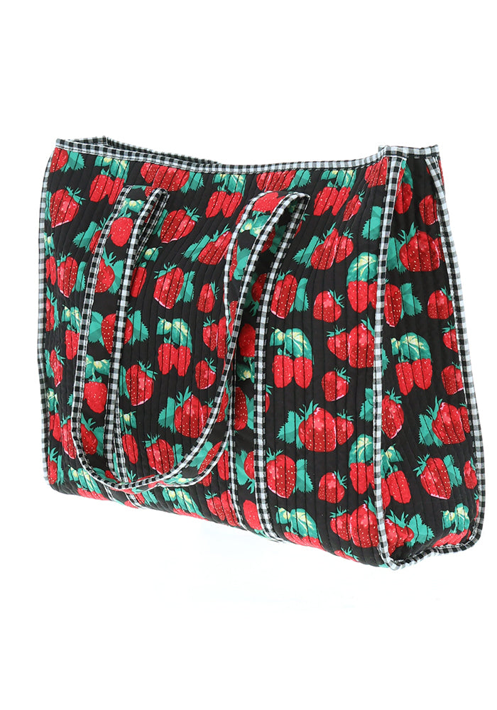 Front view of Strawberry Print Quilted Tote Bag, strawberry Print Quilted Tote Bag Fun, practical and impossible to miss.