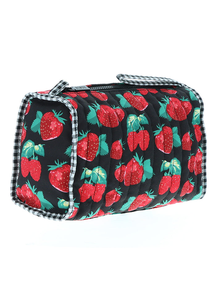 Front view of Strawberry Quilted Make Up Bag
