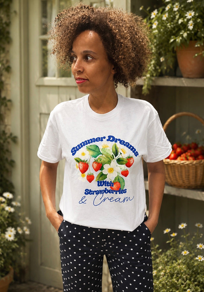 Front view of Strawberries &amp; Cream Graphic Print T-Shirt (White)
