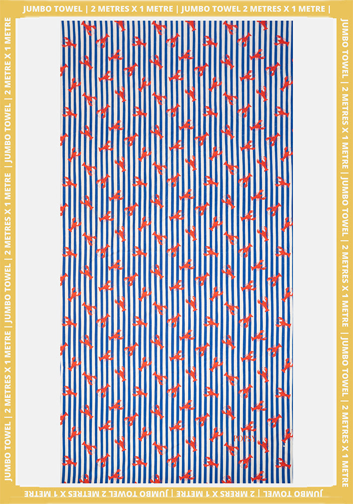 Front view of Stripe Lobster Print Jumbo Bath Sheet, a fun beach inspired print jumbo bath sheet.