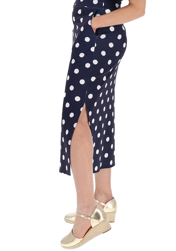 Front view of Sullie Polka Dot Midi Length Jersey Skirt (Navy &amp; White)