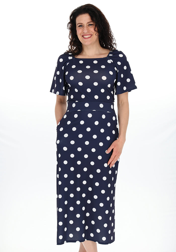 Third angle of Sullie Polka Dot Midi Length Jersey Skirt (Navy &amp; White)