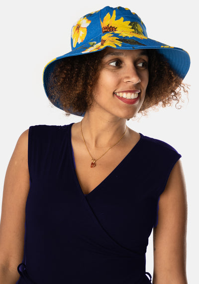 Blue Sunflower Print Bucket Hat