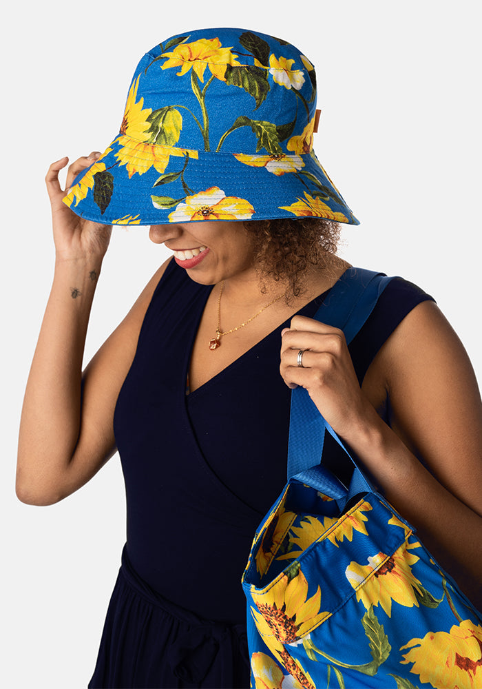 Blue Sunflower Print Bucket Hat