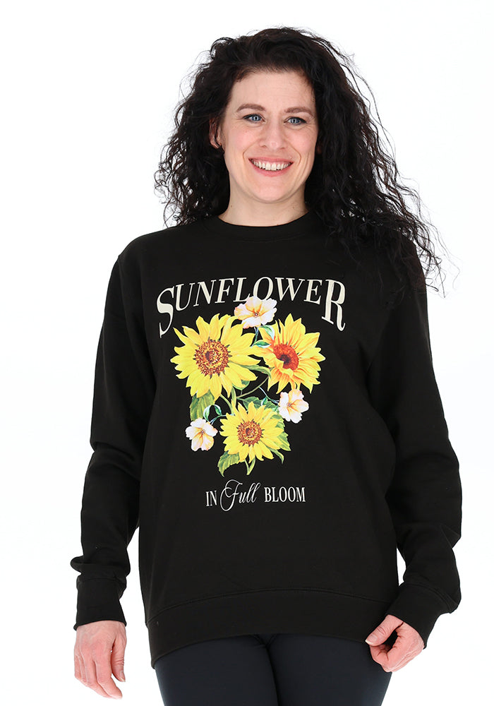 Front view of Sunflower Print Sweatshirt (Black), sunflower Print Sweatshirt (Black) Your go-to feel-good layer.