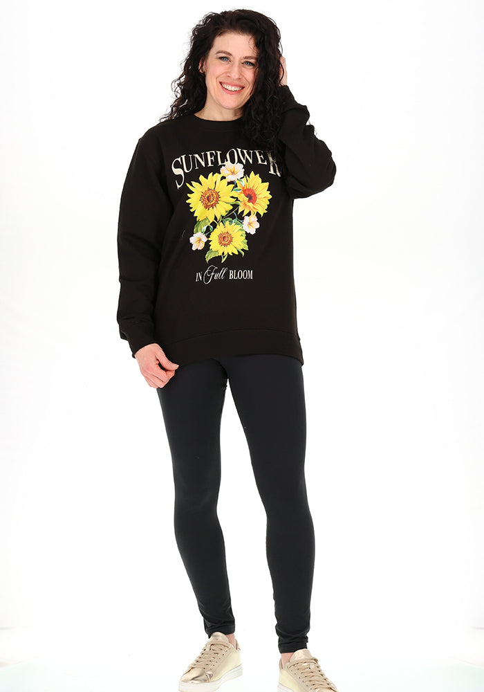 Third angle of Sunflower Print Sweatshirt (Black), sunflower Print Sweatshirt (Black) Your go-to feel-good layer.