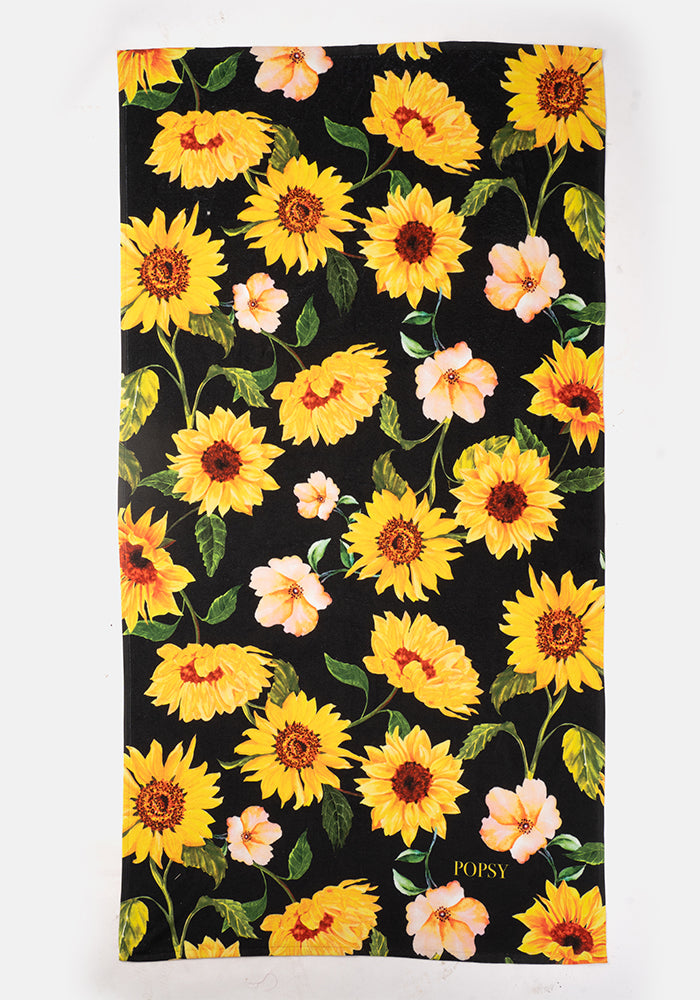 Front view of Large Black Sunflower Print Towel