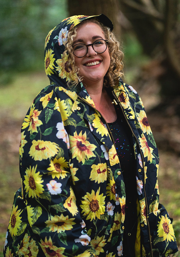 Third angle of Black Sunflower Print Popsy Coat