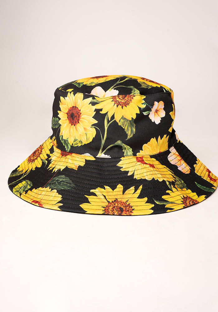 Black Sunflower Print Bucket Hat