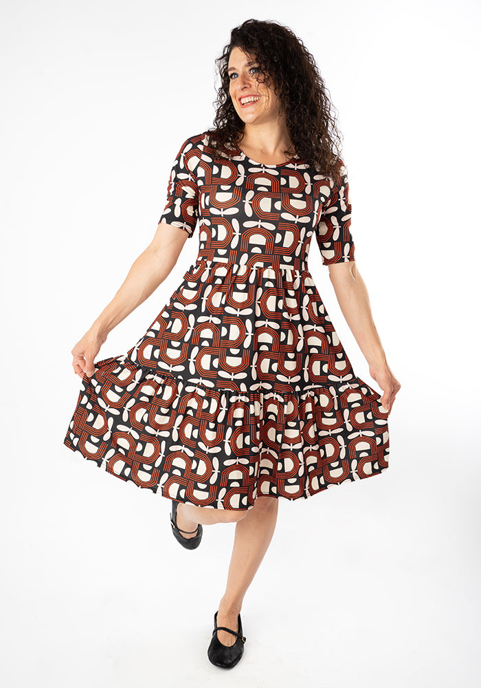 Third angle of Sunniva Retro Floral Print Tiered Hem Dress