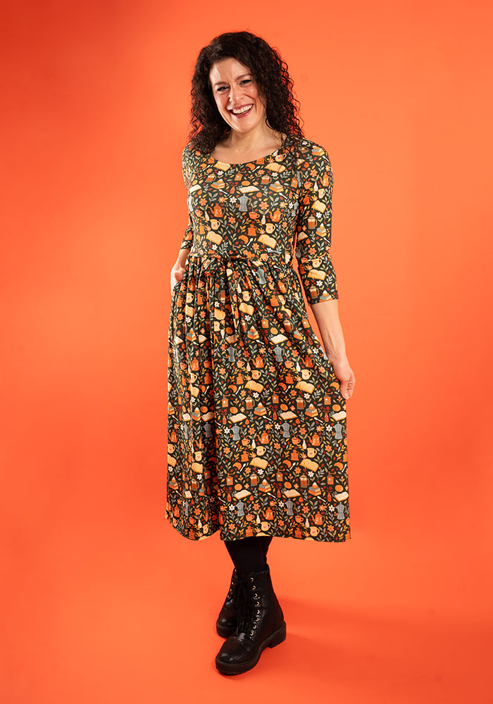 Third angle of Suzette Coffee &amp; Croissants Print Midi Dress