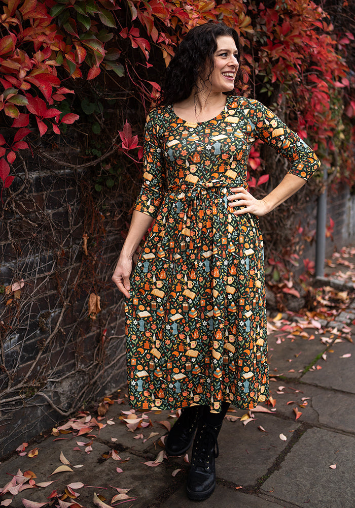 Fifth angle of Suzette Coffee &amp; Croissants Print Midi Dress