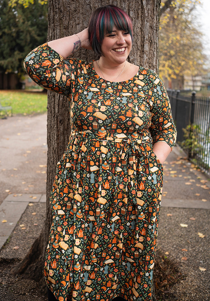 Front view of Suzette Coffee &amp; Croissants Print Midi Dress