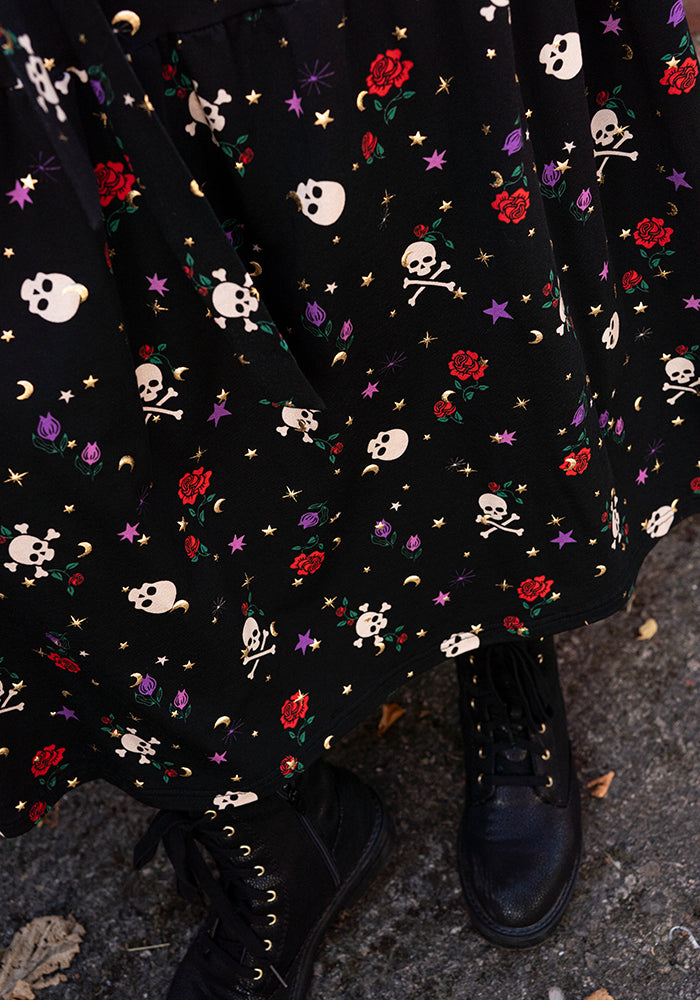 Thalassa Midnight Garden Skulls Print Foil Cotton Midaxi Dress