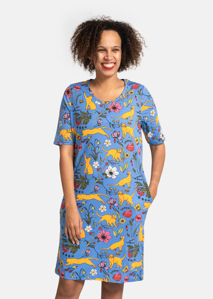 Teal Garden Cat Print Cotton Nightshirt