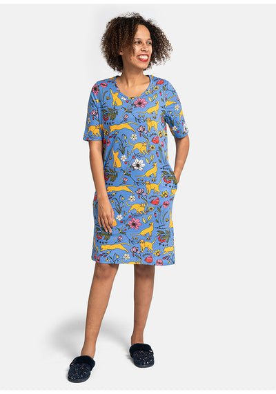 Teal Garden Cat Print Cotton Nightshirt