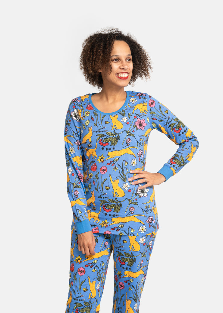 Teal Garden Cats Print Cotton Pyjama Set