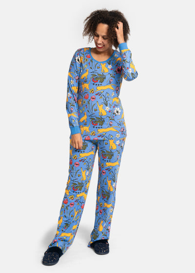 Teal Garden Cats Print Cotton Pyjama Set