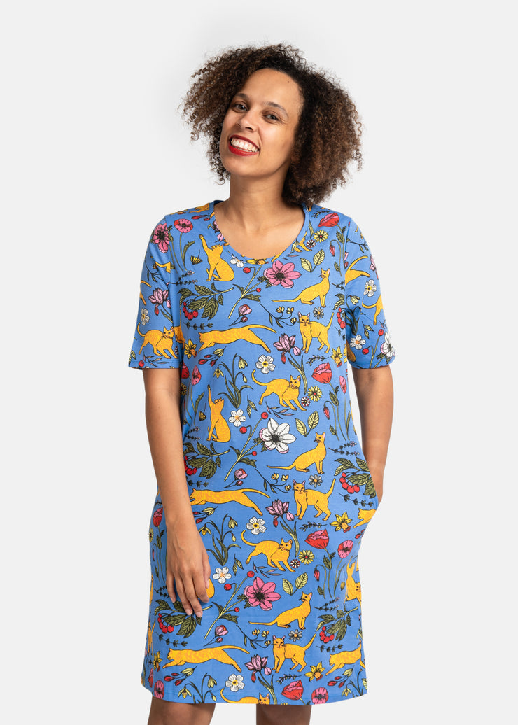 Teal Garden Cat Print Cotton Nightshirt