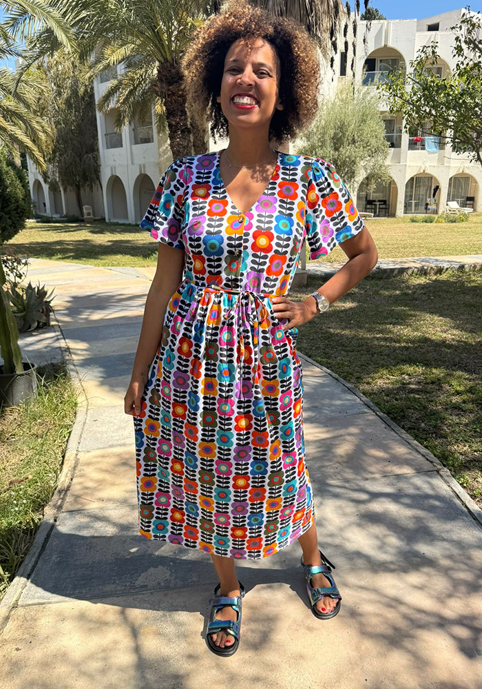 Front view of Tabita Retro Flower Print Button Front Cotton Midaxi Dress (White)