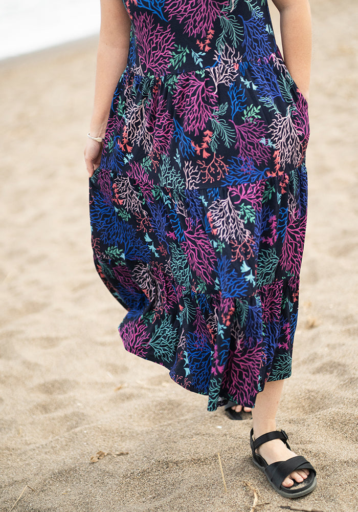 Second angle of Tahila Coral Print Tiered Hem Relaxed Fit Viscose Midi Dress