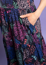 Tahila Coral Print Tiered Hem Relaxed Fit Viscose Midi Dress