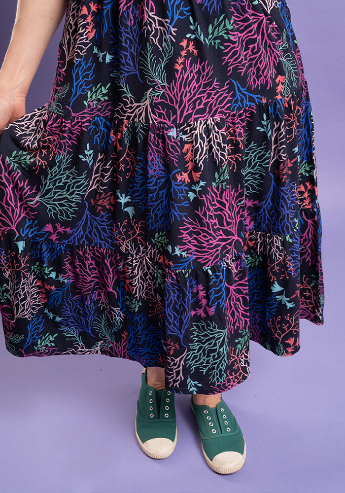 Fifth angle of Tahila Coral Print Tiered Hem Relaxed Fit Viscose Midi Dress