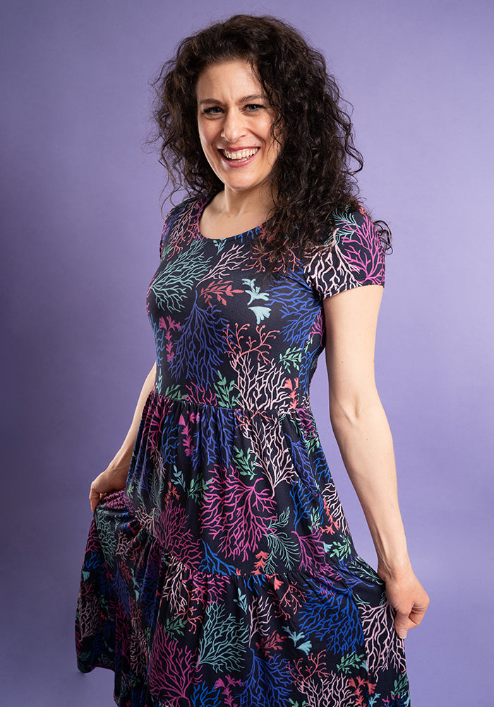 Fourth angle of Tahila Coral Print Tiered Hem Relaxed Fit Viscose Midi Dress