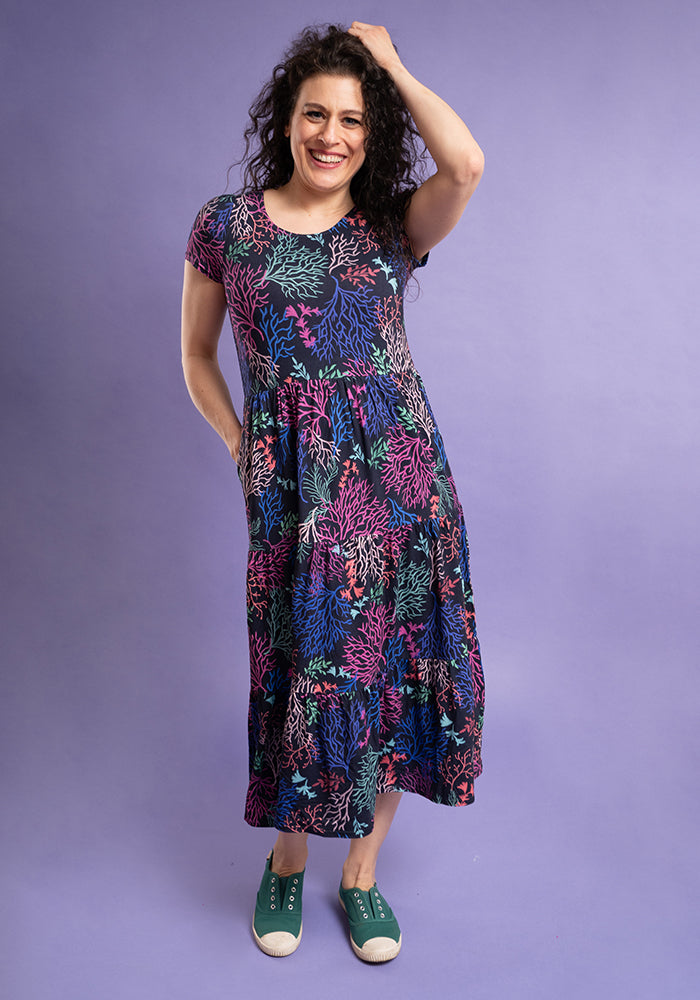 Third angle of Tahila Coral Print Tiered Hem Relaxed Fit Viscose Midi Dress
