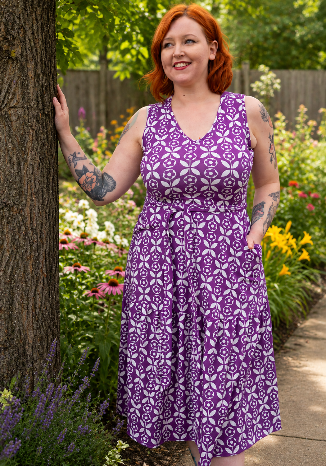 Front view of Marlena Retro Flower Print Summer Cotton Midi Dress (Purple)