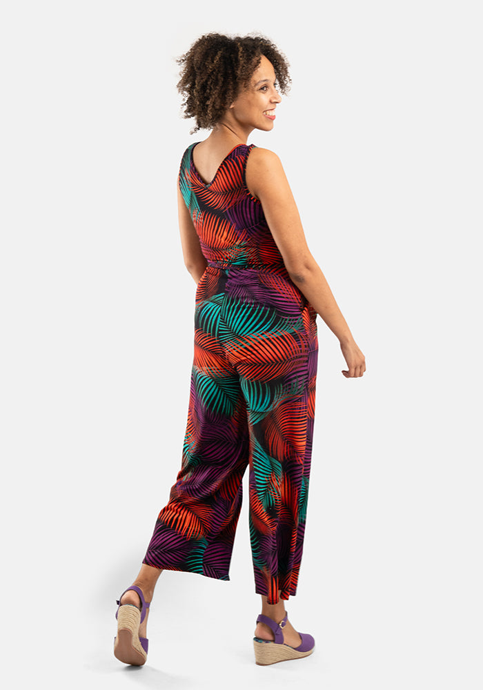 Tane Tropical Palms Print Culotte Leg Cotton Jumpsuit