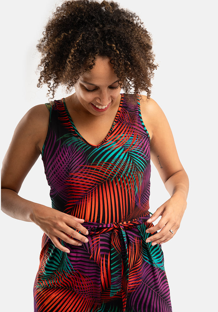 Tane Tropical Palms Print Culotte Leg Cotton Jumpsuit
