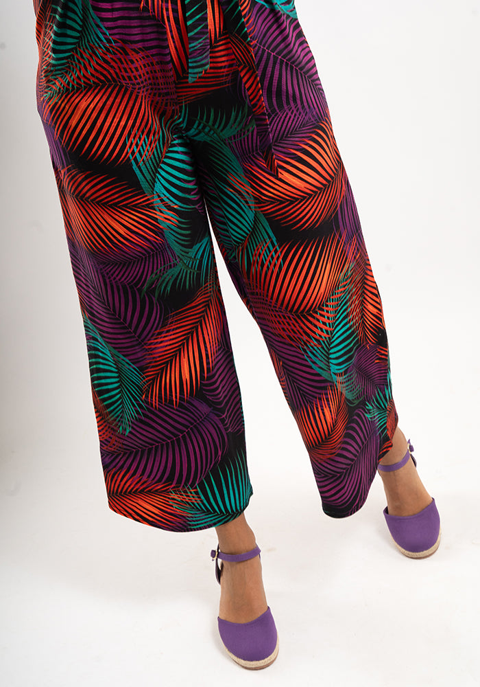 Tane Tropical Palms Print Culotte Leg Cotton Jumpsuit