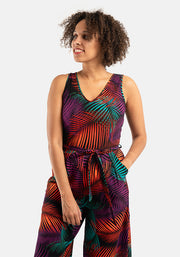 Tane Tropical Palms Print Culotte Leg Cotton Jumpsuit