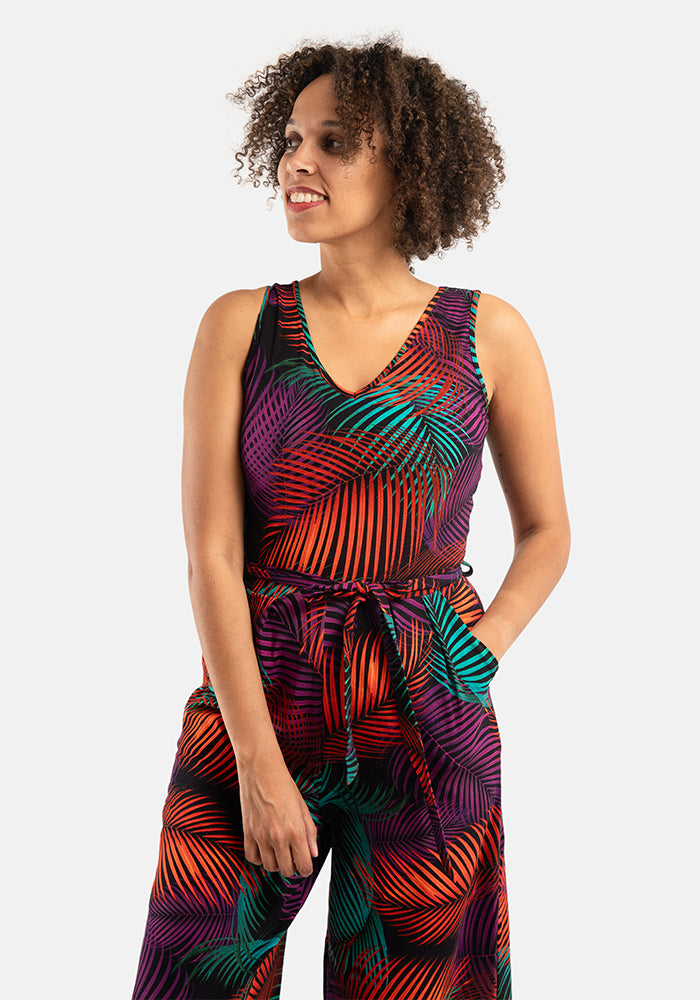 Tane Tropical Palms Print Culotte Leg Cotton Jumpsuit