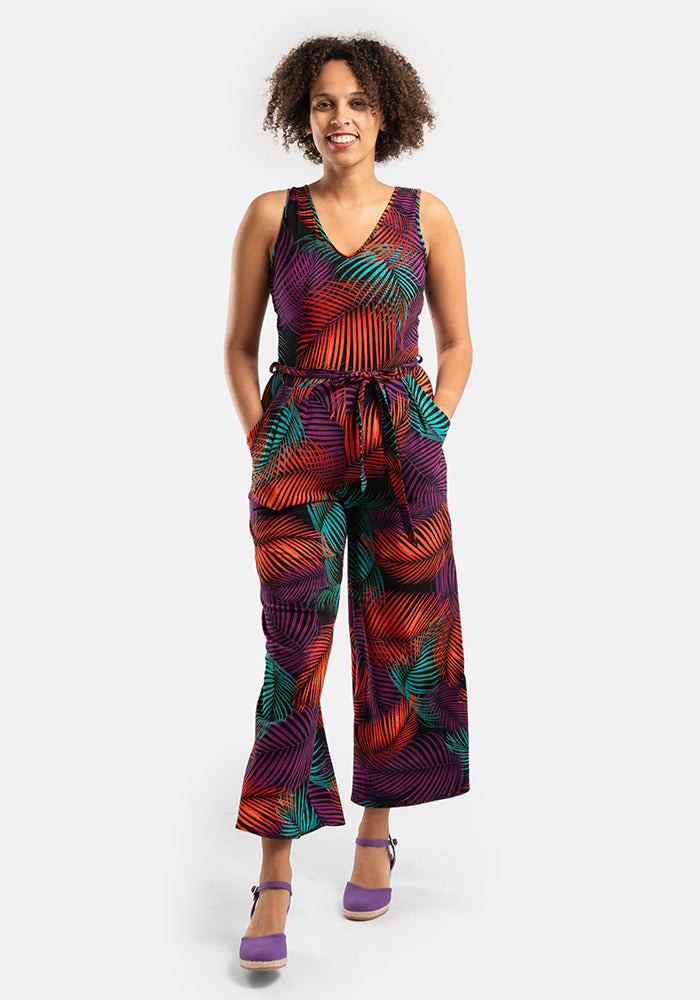 Tane Tropical Palms Print Culotte Leg Cotton Jumpsuit