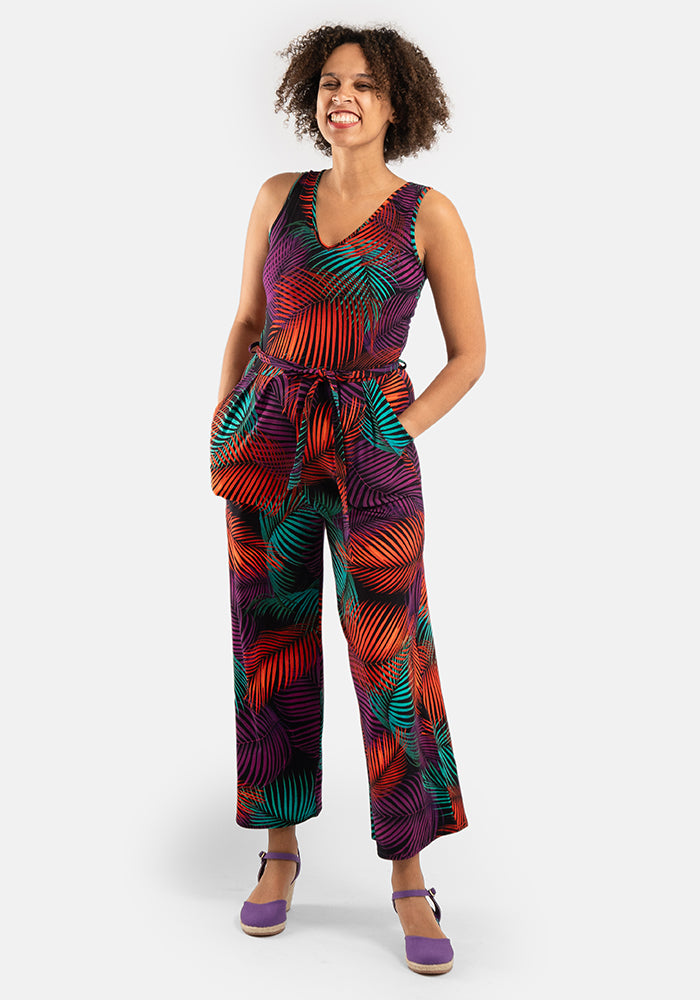 Tane Tropical Palms Print Culotte Leg Cotton Jumpsuit