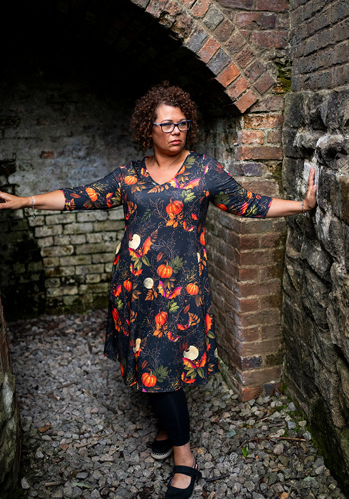 Tanith Pumpkins & Bat Print Trapeze Dress