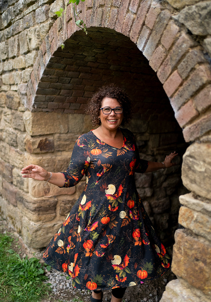 Tanith Pumpkins & Bat Print Trapeze Dress