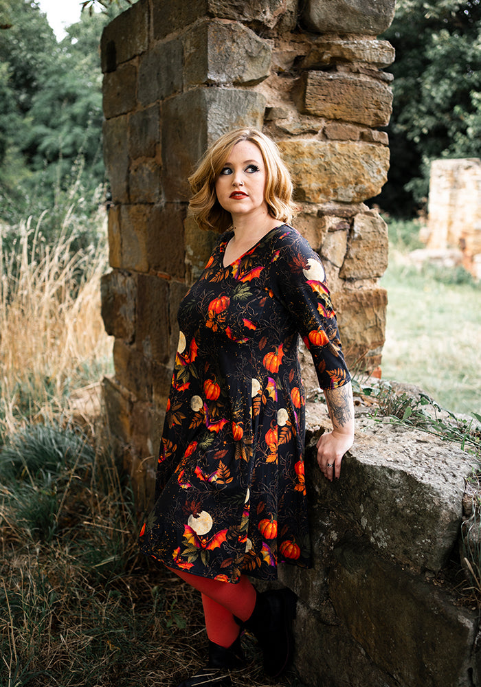 Tanith Pumpkins & Bat Print Trapeze Dress