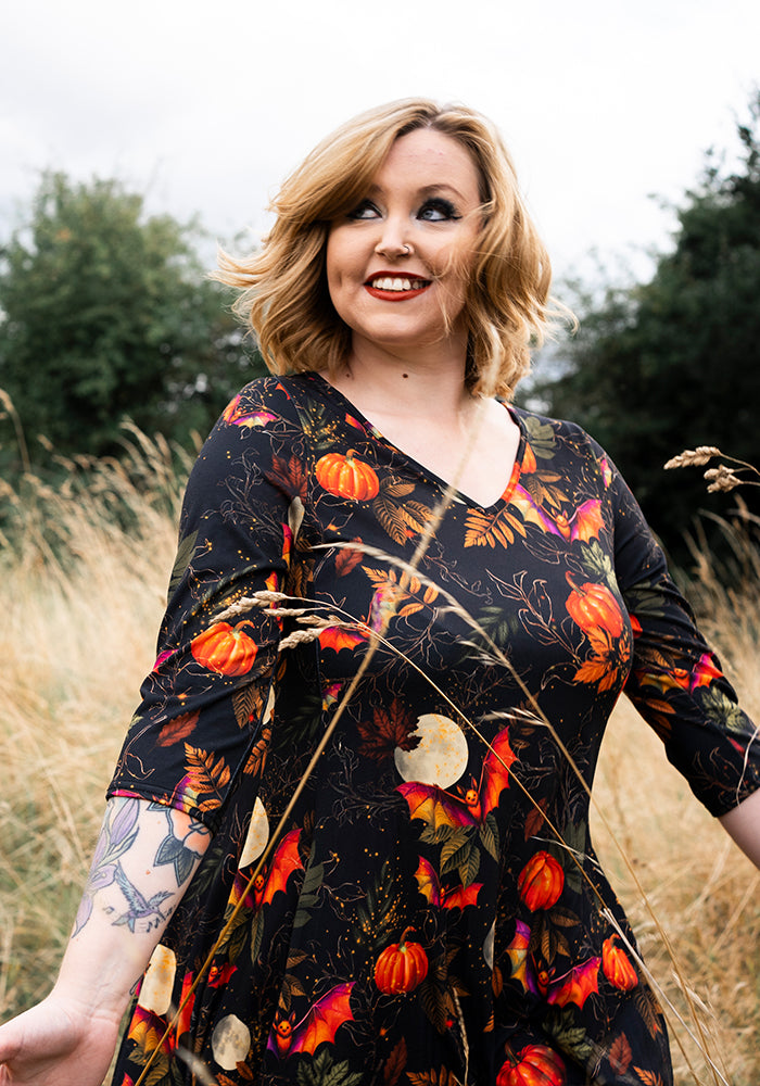 Tanith Pumpkins & Bat Print Trapeze Dress