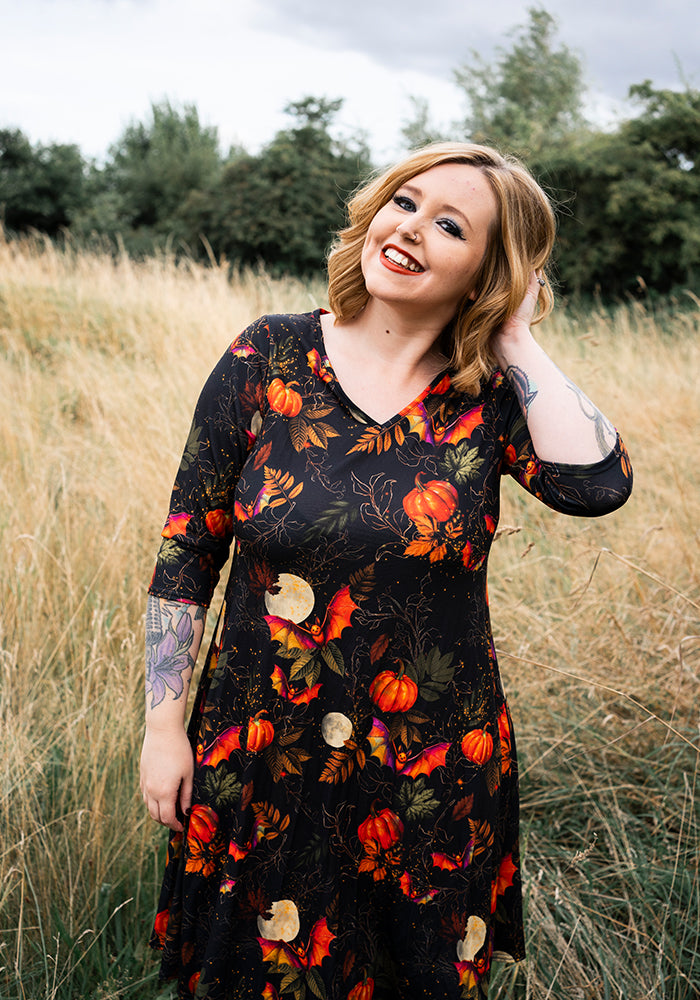 Tanith Pumpkins & Bat Print Trapeze Dress