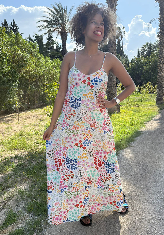 Front view of Tanja Wild Flowers Print Ankle Length Woven Viscose Crepe Dress (White)